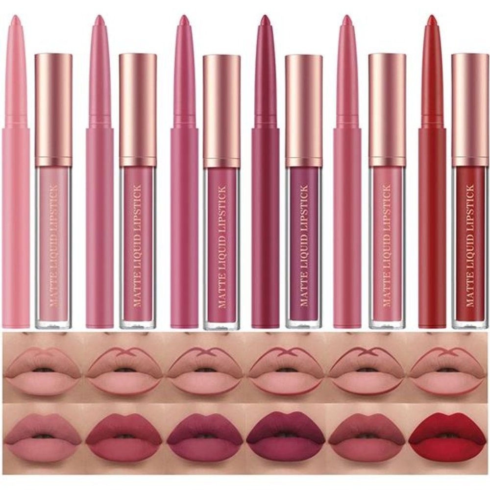 12Pcs Matte Liquid Lipstick + Lip Liner Pens Set,